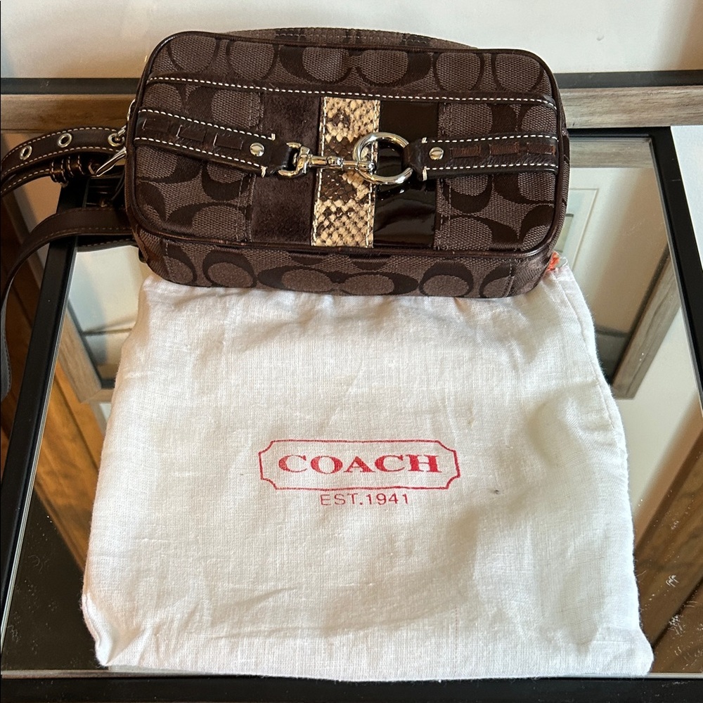Coach Brown Monogram Belt Bag with Buckle Accent